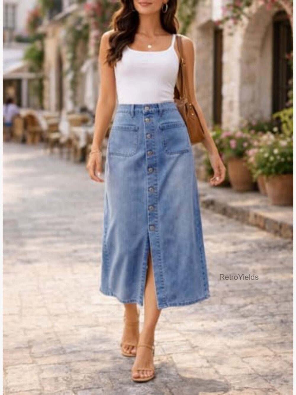 High Waist Denim Midi Skirt with Pockets Button Front Straight Casual - Picture 2 of 6
